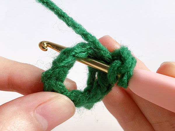 鎖で作った輪の中に針を入れて、中長編みを編みます。