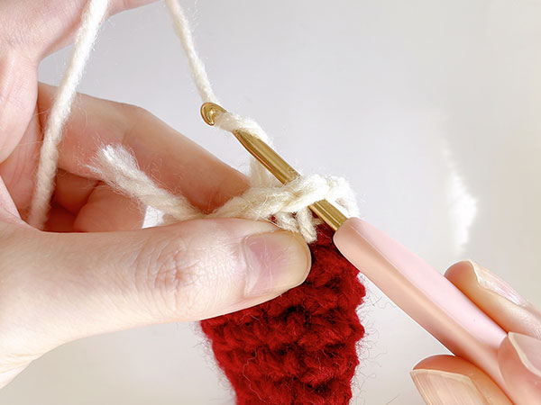 編み目にかぎ針を刺し込んで、糸を引き出します。